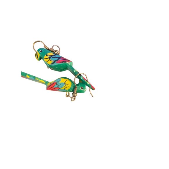 Handcrafted Tropical Bird Dangle Earrings Parrots Hooks Handpainted 2.75" 3.22g - Picture 5 of 5